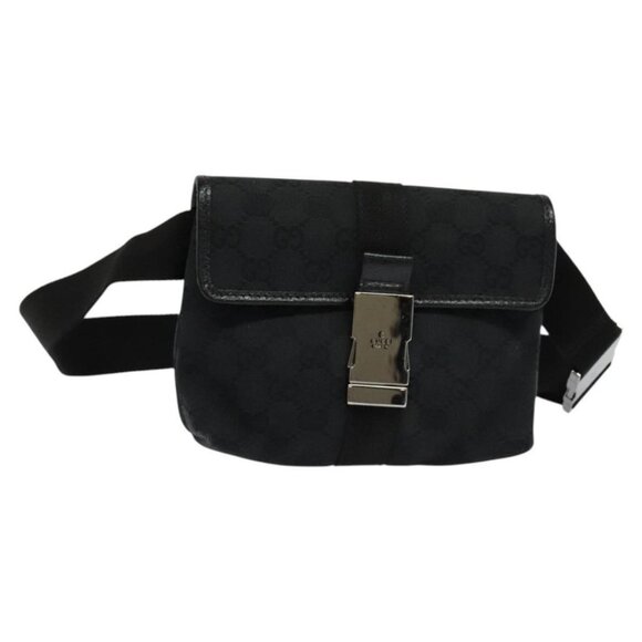 GUCCI GG Canvas Waist bag Black Silver 131236 Auth am8259